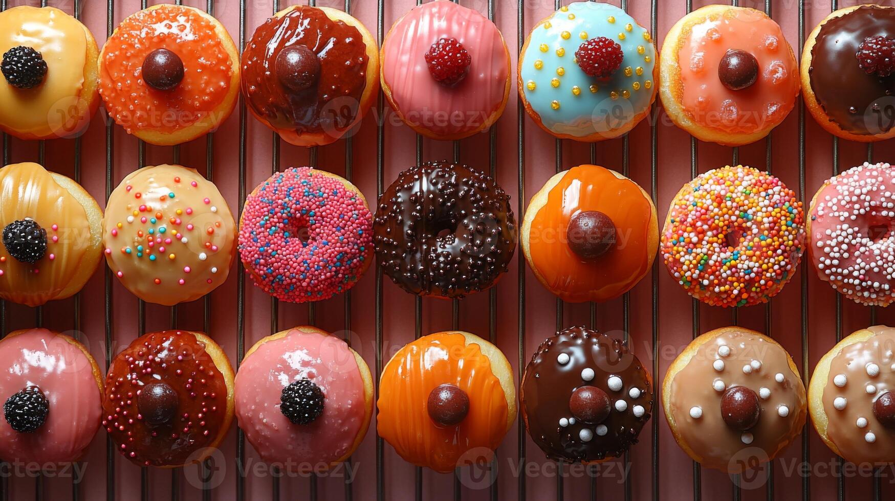 A vibrant display of various donuts showcasing different toppings and glazes. This delightful array highlights creative flavors and textures, enticing customers at a local bakery. photo