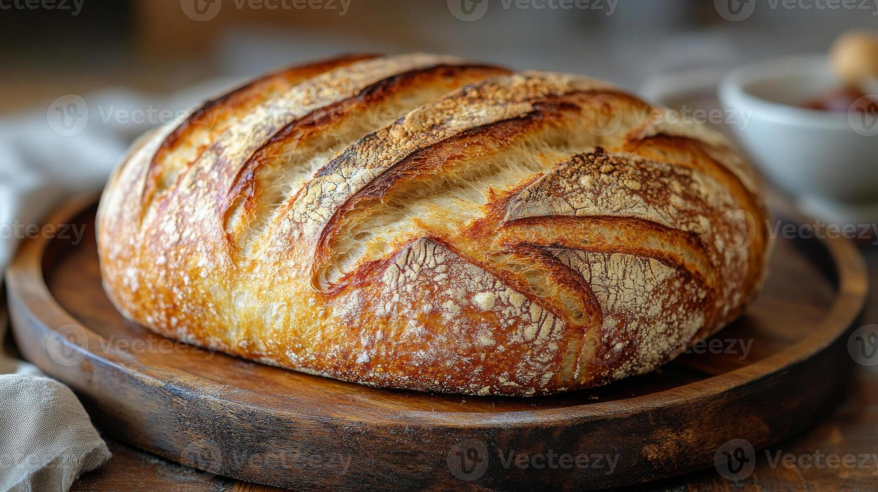 A perfectly baked artisanal loaf featuring a golden crust and unique scoring sits on a wooden platter. The warm ambiance and soft lighting enhance the bread's appetizing appeal. photo