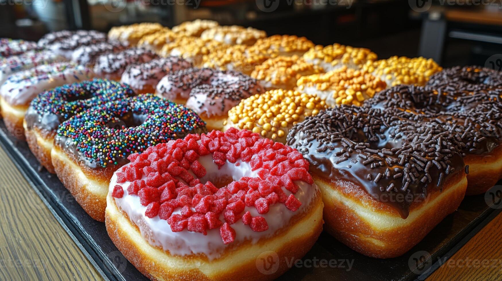 A tray holds an assortment of colorful, freshly made donuts with various toppings, including sprinkles, icing, and nuts, inviting customers to indulge. photo