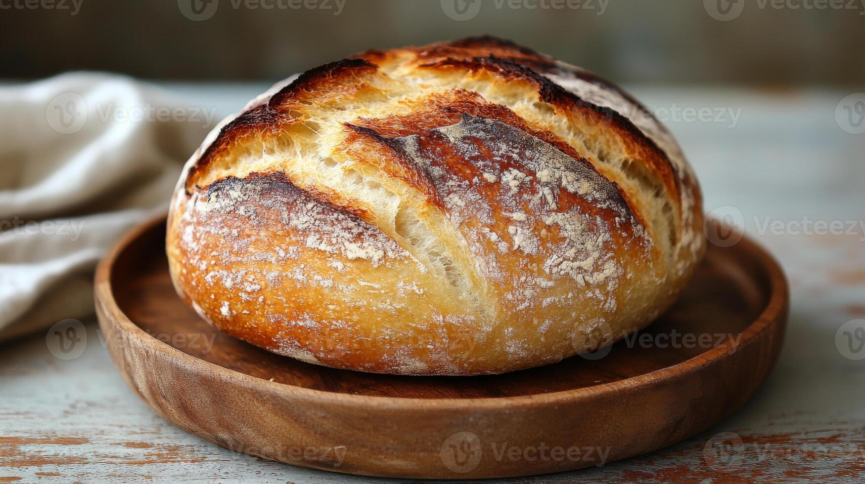 A golden brown sourdough loaf with a crispy crust sits on a wooden plate in a rustic kitchen. A soft linen cloth is nearby, enhancing the cozy atmosphere of home baking. photo