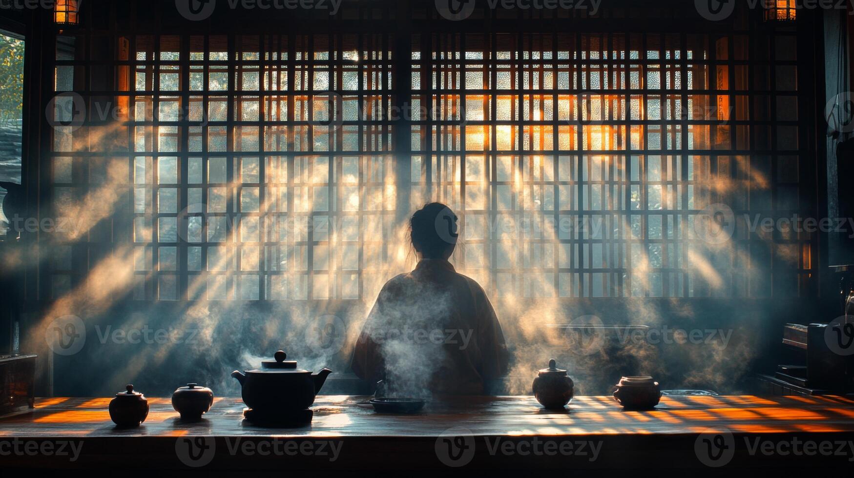 Rays of sunlight illuminate a serene room as a person sits quietly at a table, preparing tea amid swirling steam and shadows. The atmosphere is calm and reflective. photo