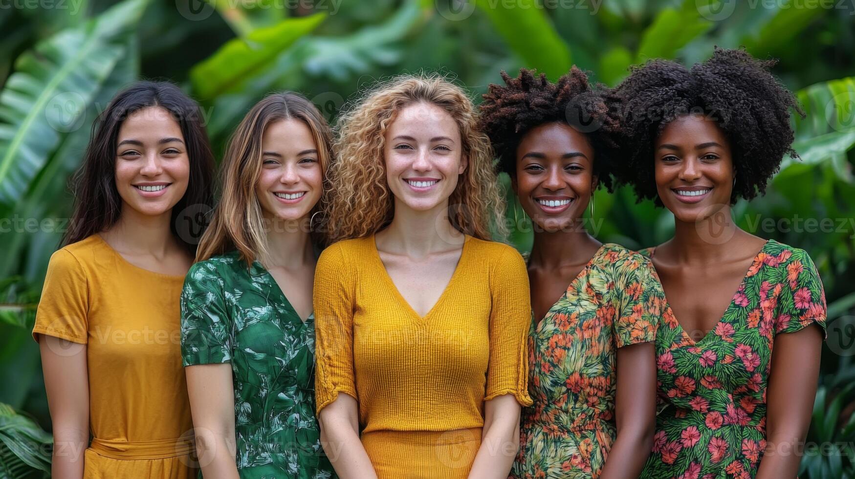 Five women pose in colorful dresses surrounded by lush greenery in a tropical setting. The atmosphere is lively and cheerful, showcasing friendship and diversity. photo