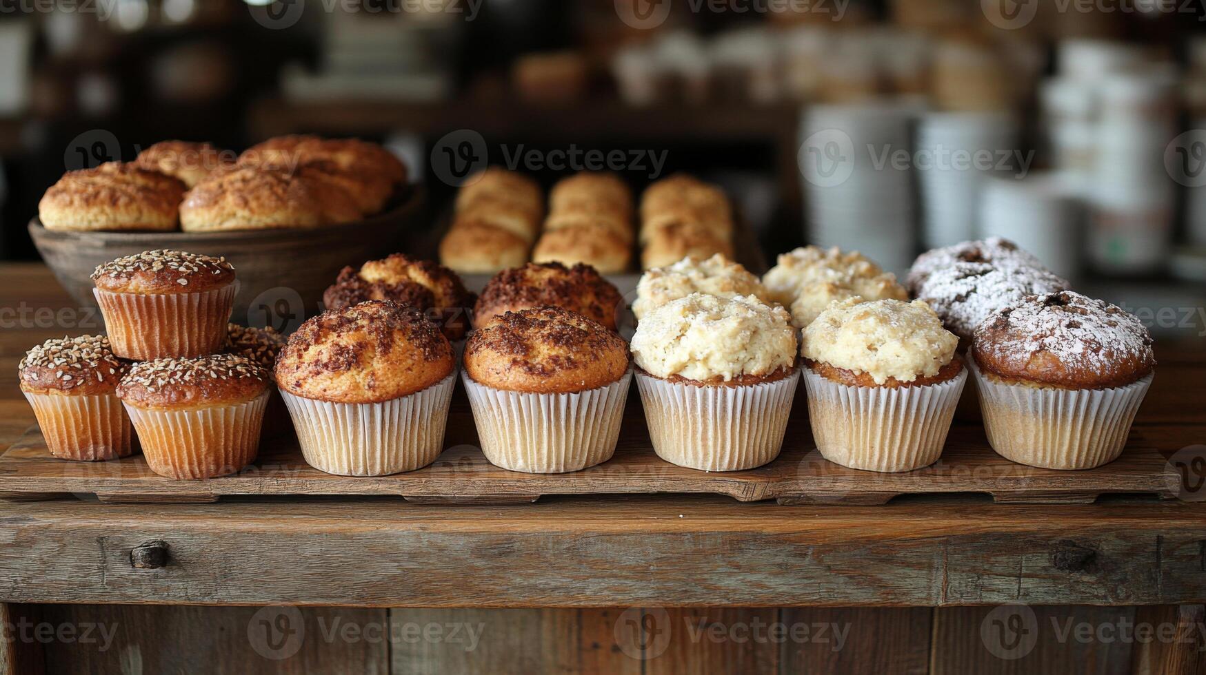 Various muffins and cupcakes lined up on a wooden board in a bakery, showcasing different flavors and textures in a warm, inviting atmosphere. photo