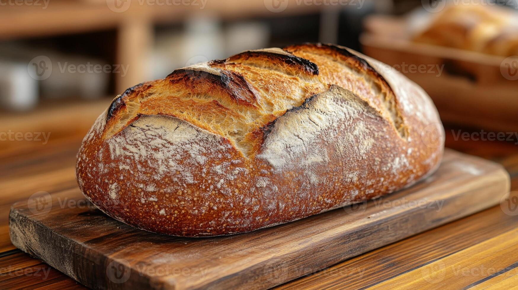A loaf of artisan bread rests on a wooden cutting board inside a warm bakery. The crust is golden brown with a rustic appearance, showcasing the craftsmanship involved in its creation. photo