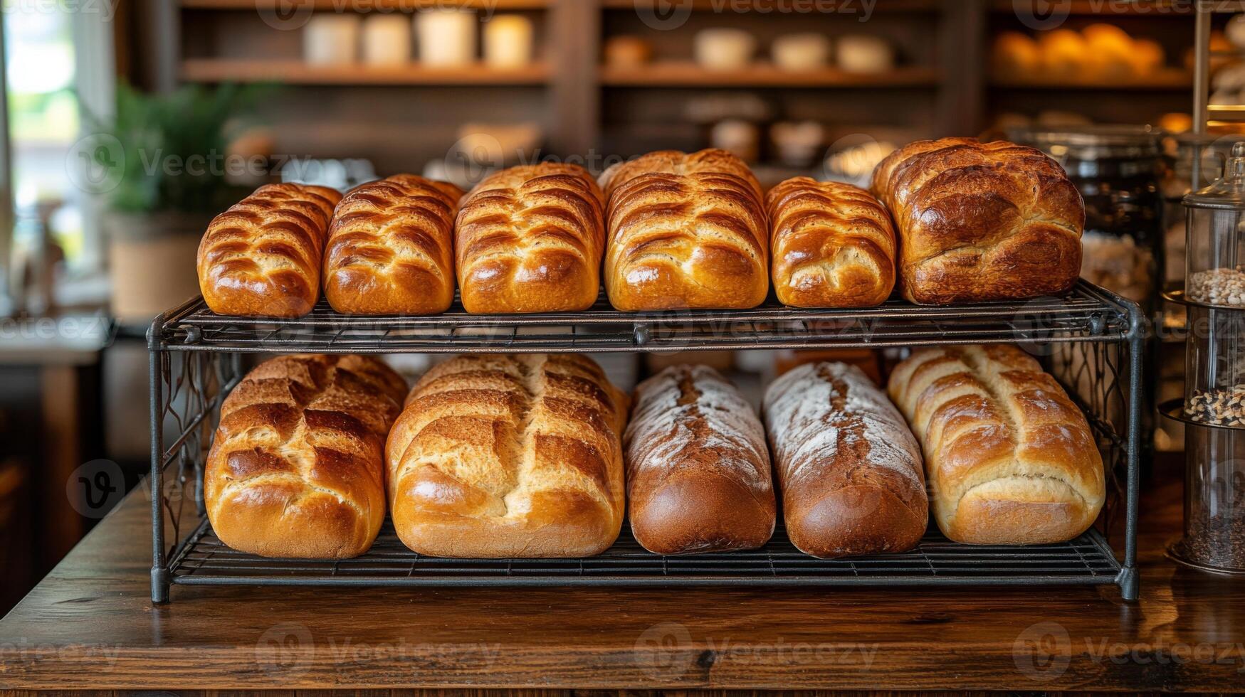 A variety of golden-brown bread loaves are showcased on a wire rack in a warm and inviting bakery. The atmosphere hints at an early morning setting with fresh aromas. photo