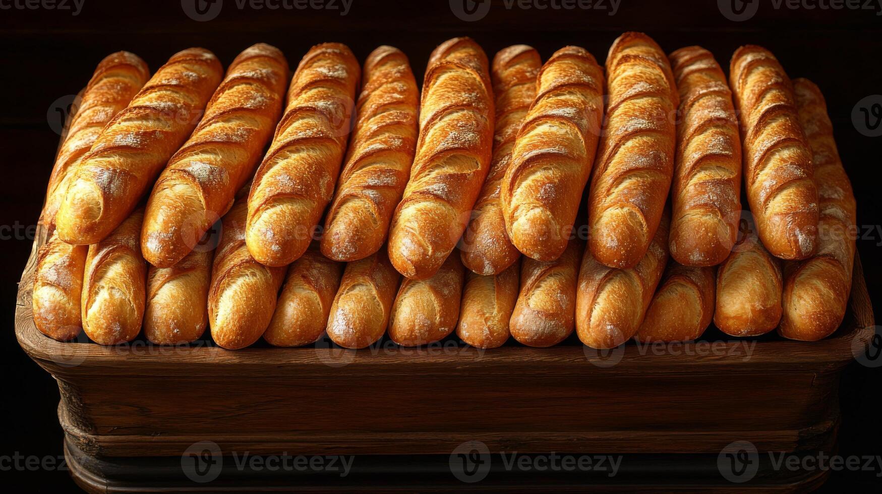 Golden-brown bread loaves are stacked in perfect rows, showcasing their crusty texture and warm appearance. The setting hints at a cozy bakery filled with delicious scents. photo