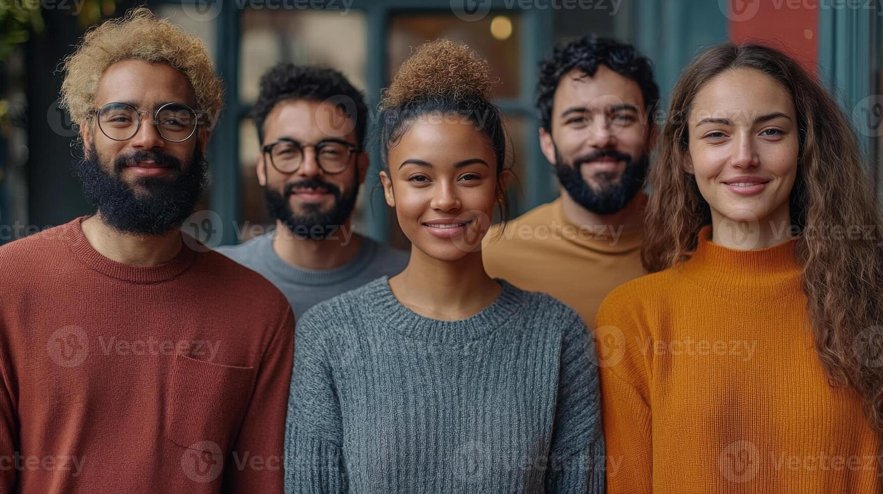 Five friends with diverse appearances create a cheerful atmosphere while posing together outside a cafe. They showcase friendly smiles and relaxed vibes in a warm, inviting location. photo