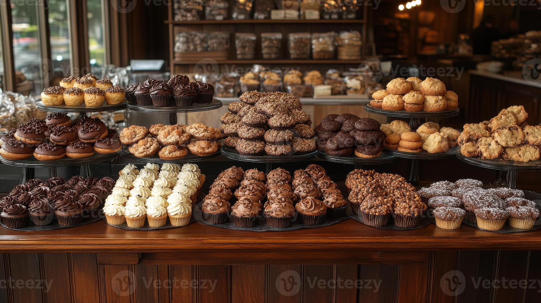 A cozy bakery showcases an array of desserts including cupcakes, cookies, and muffins on wooden display stands. The warm atmosphere invites customers to indulge in sweet treats. photo