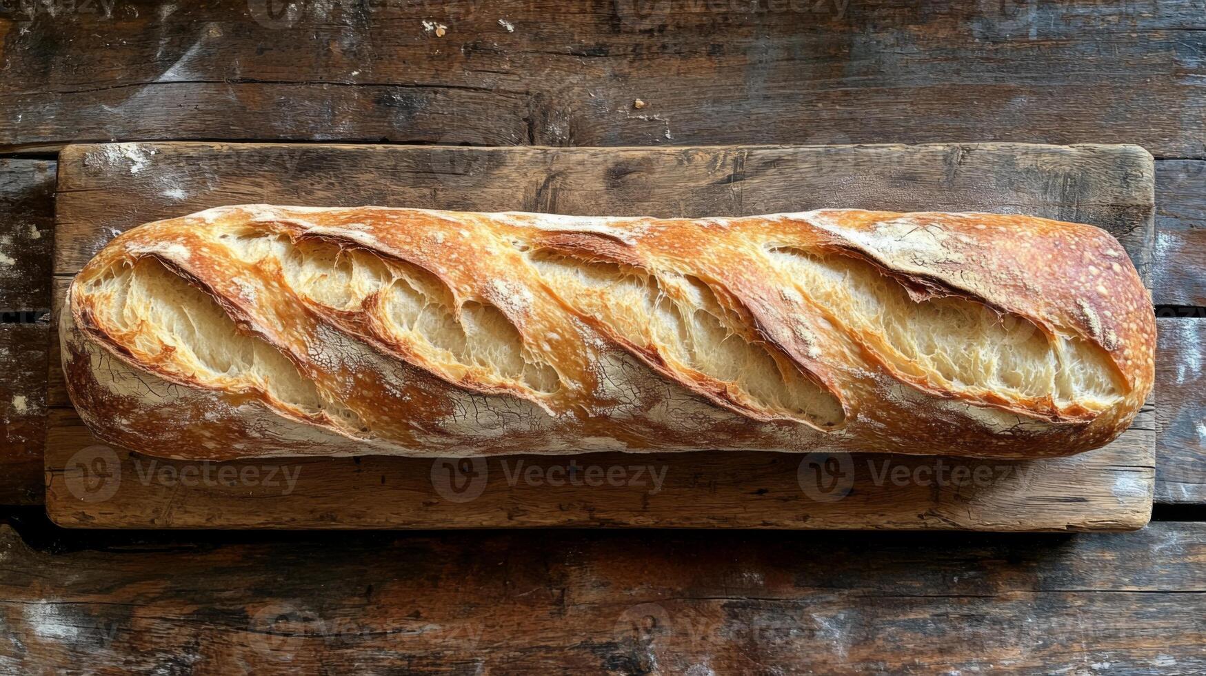A beautifully crafted sourdough loaf, with a golden crust and defined scoring, rests on a rustic wooden board, showcasing its artisanal quality. Warm and inviting. photo