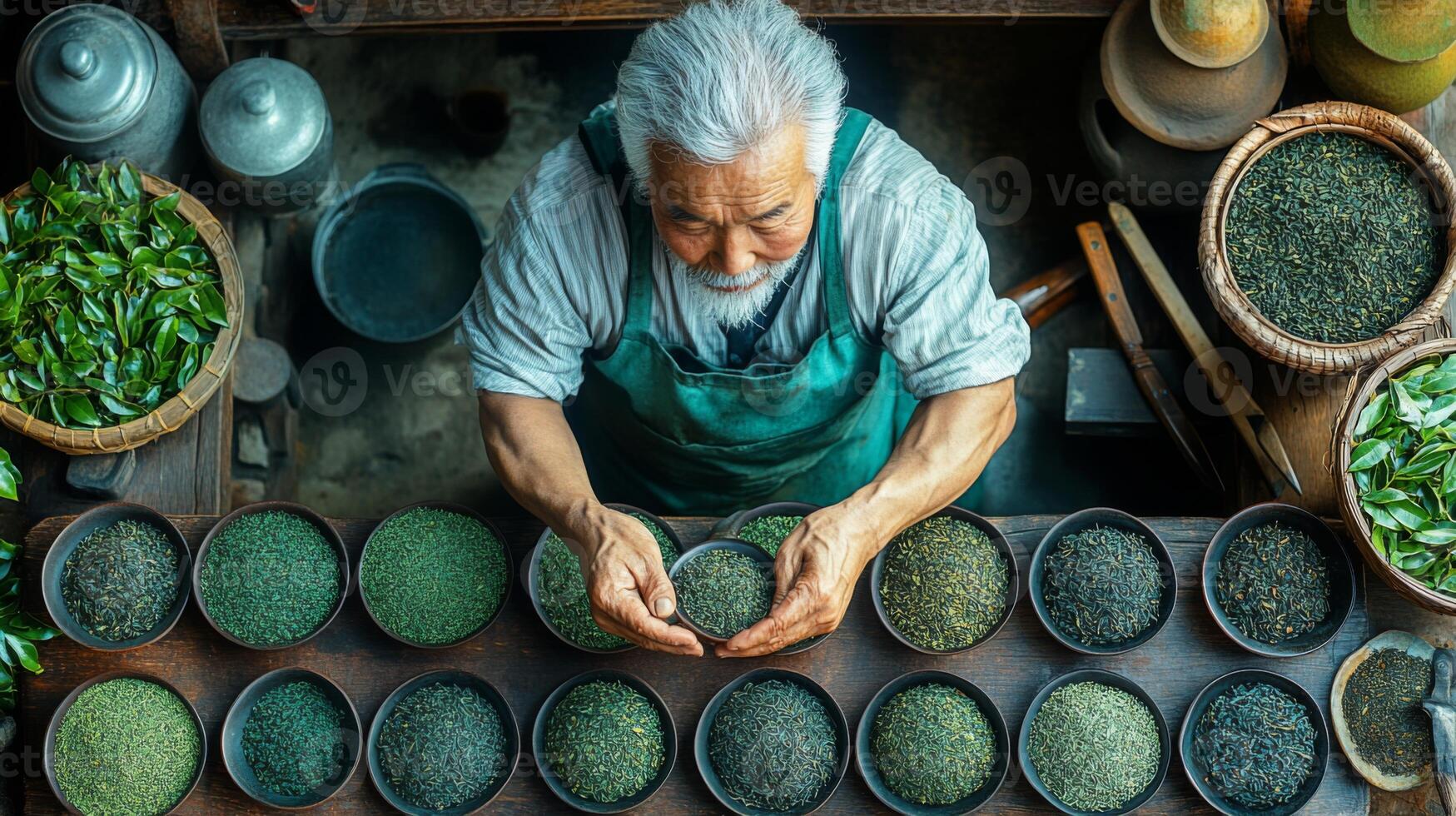 An elderly artisan carefully inspects different types of tea leaves arranged in bowls. The workshop is filled with vibrant green hues and natural light, showcasing the beauty of tea craftsmanship. photo
