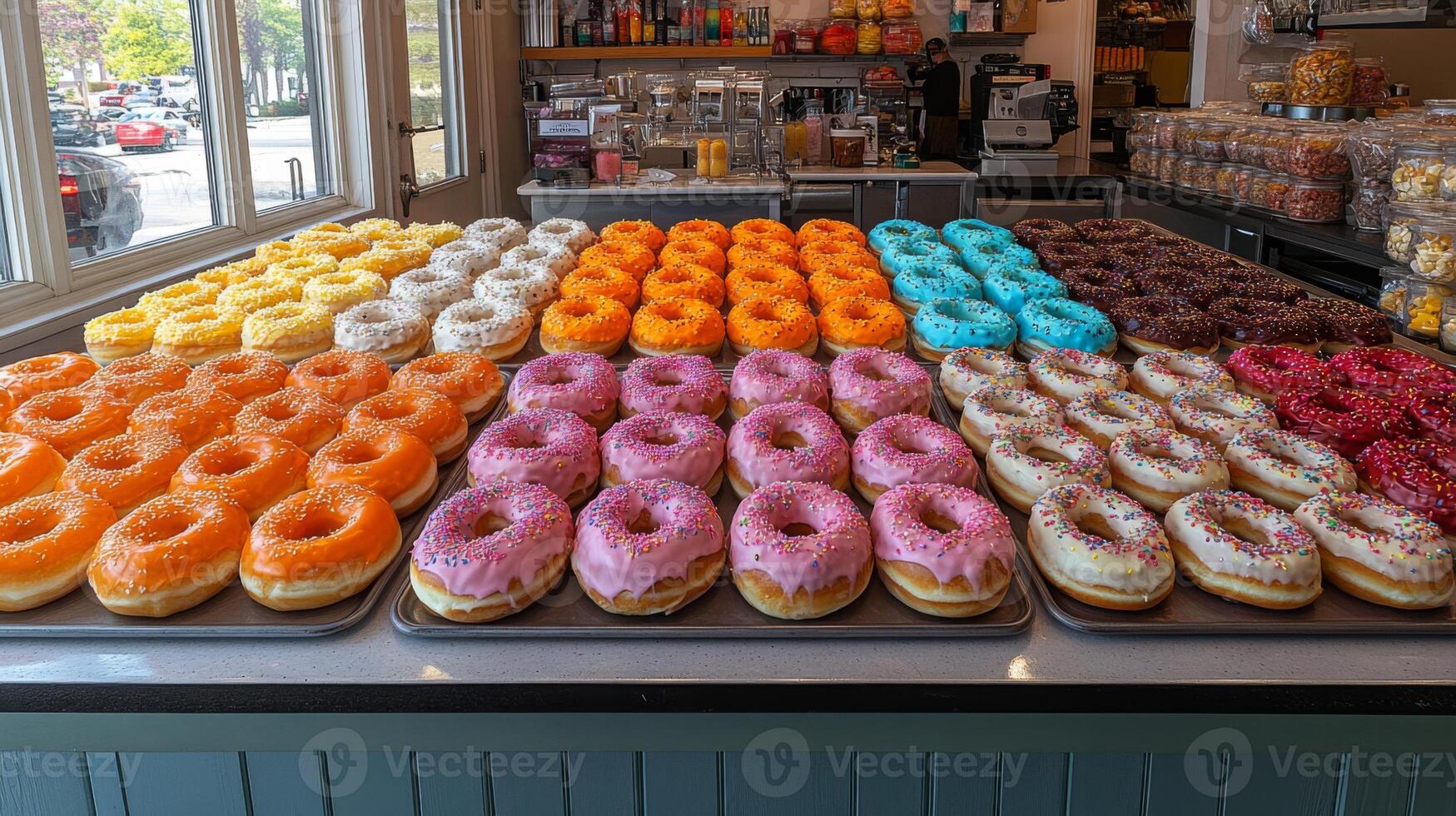 An array of vibrant donuts in different colors and flavors is artfully arranged in a bakery. Customers enjoy the lively atmosphere filled with sweet treats. photo