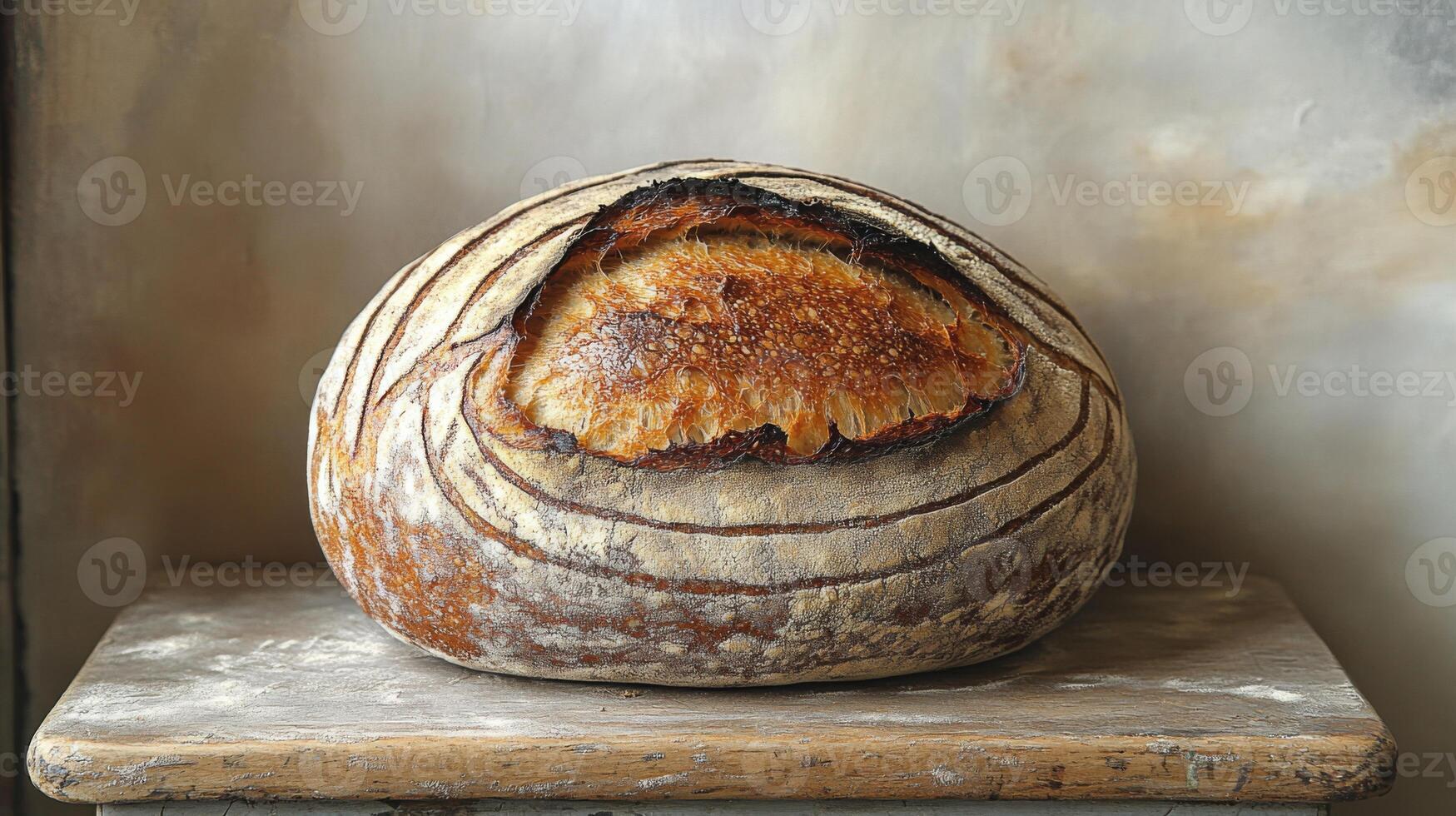 A beautifully shaped loaf of sourdough bread sits on a weathered wooden board. Its crust is golden brown and crispy, displaying intricate scoring patterns. photo