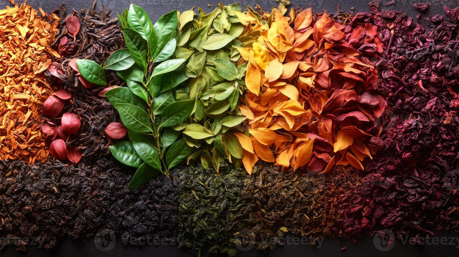Vibrant spices and dried leaves are artistically arranged in stripes on a dark surface, highlighting their rich colors and textures, evoking a sense of nature's diversity and beauty. photo