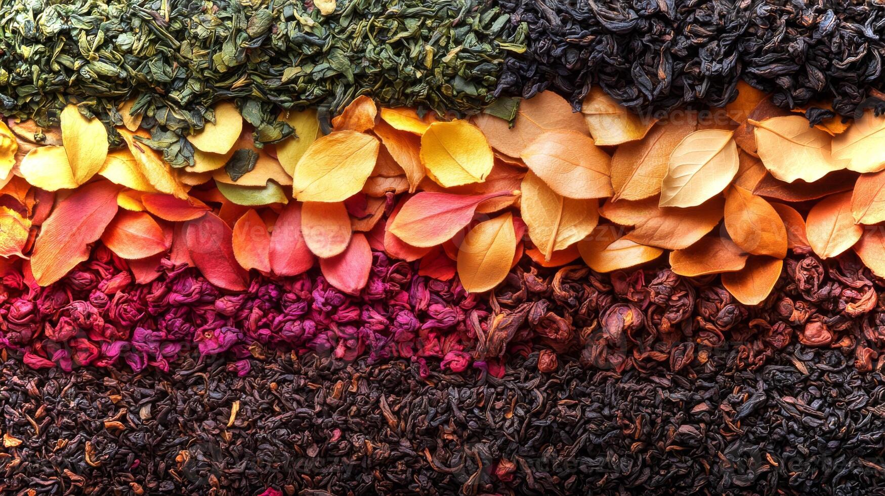 A vibrant arrangement showcases an array of dried herbs and flowers, featuring greens, yellows, oranges, reds, and blacks. This artistic presentation highlights the diversity of natural colors. photo