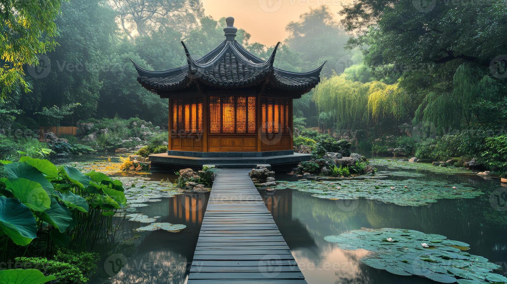 A serene garden features a wooden pavilion surrounded by lush greenery and blooming lotus flowers, reflecting on calm waters during the early morning light. photo