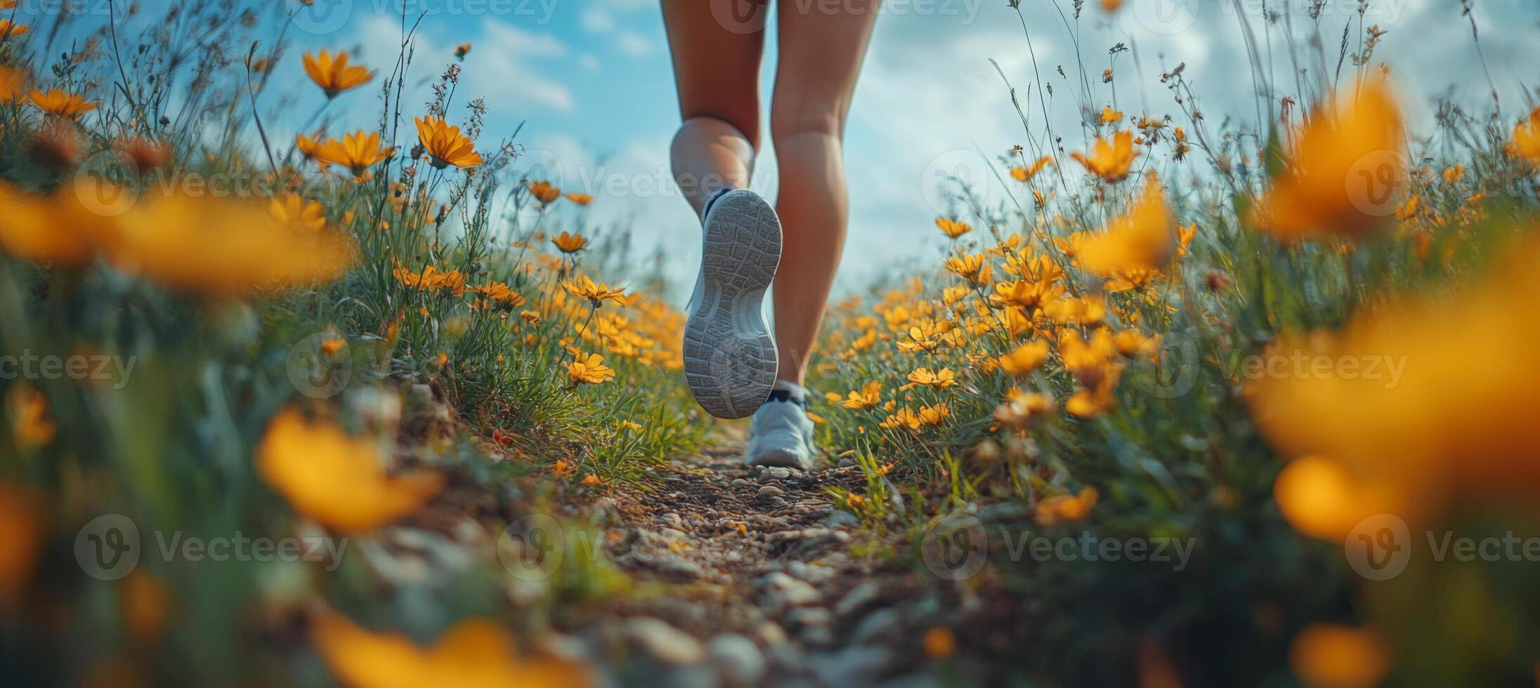 A person jogs barefoot along a gravel path surrounded by bright orange flowers under a clear blue sky. The setting captures the essence of spring and vitality. photo