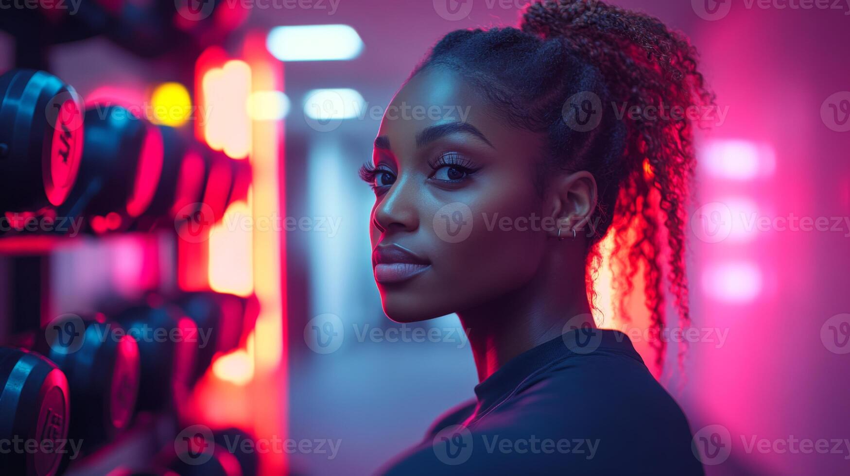 A woman with curly hair poses confidently in a well-lit gym, showcasing weights on a rack. The glowing lights create a dynamic atmosphere. photo