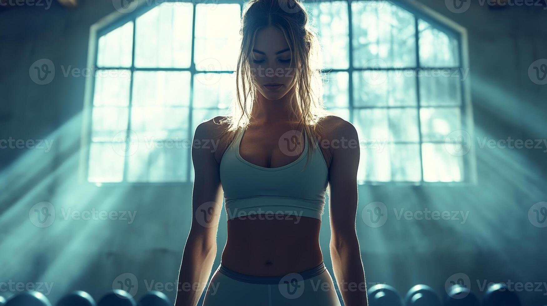 A determined woman stands in a gym with sunlight streaming through large windows. She wears workout clothes and appears focused on her fitness regimen, embodying strength and dedication. photo