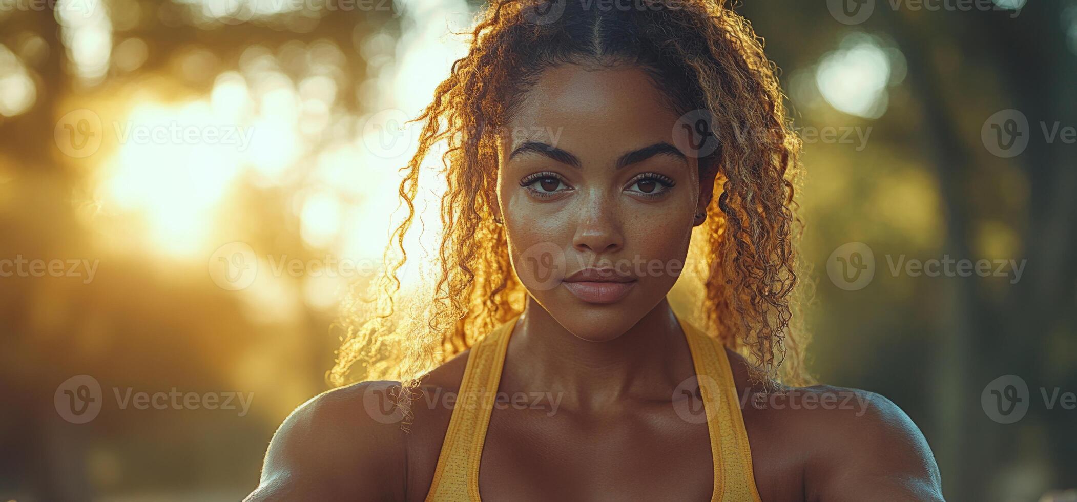 A woman with curly hair showcases her strength while working out in a park. The warm glow of the setting sun enhances the atmosphere, creating a motivating environment. photo