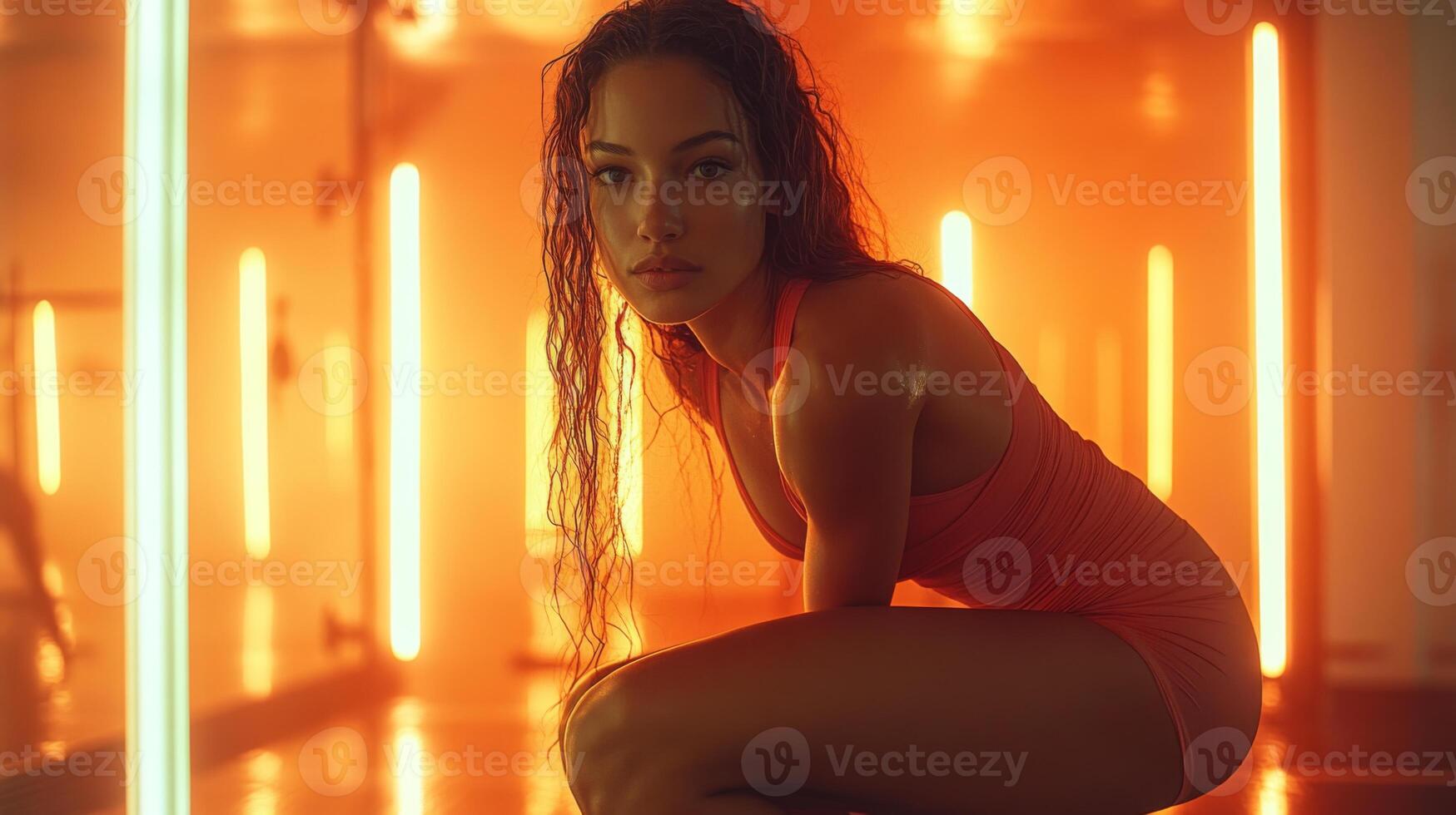 A model poses in a bold orange outfit, surrounded by illuminated vertical light bars, highlighting her athletic physique in a dynamic fitness studio atmosphere. photo