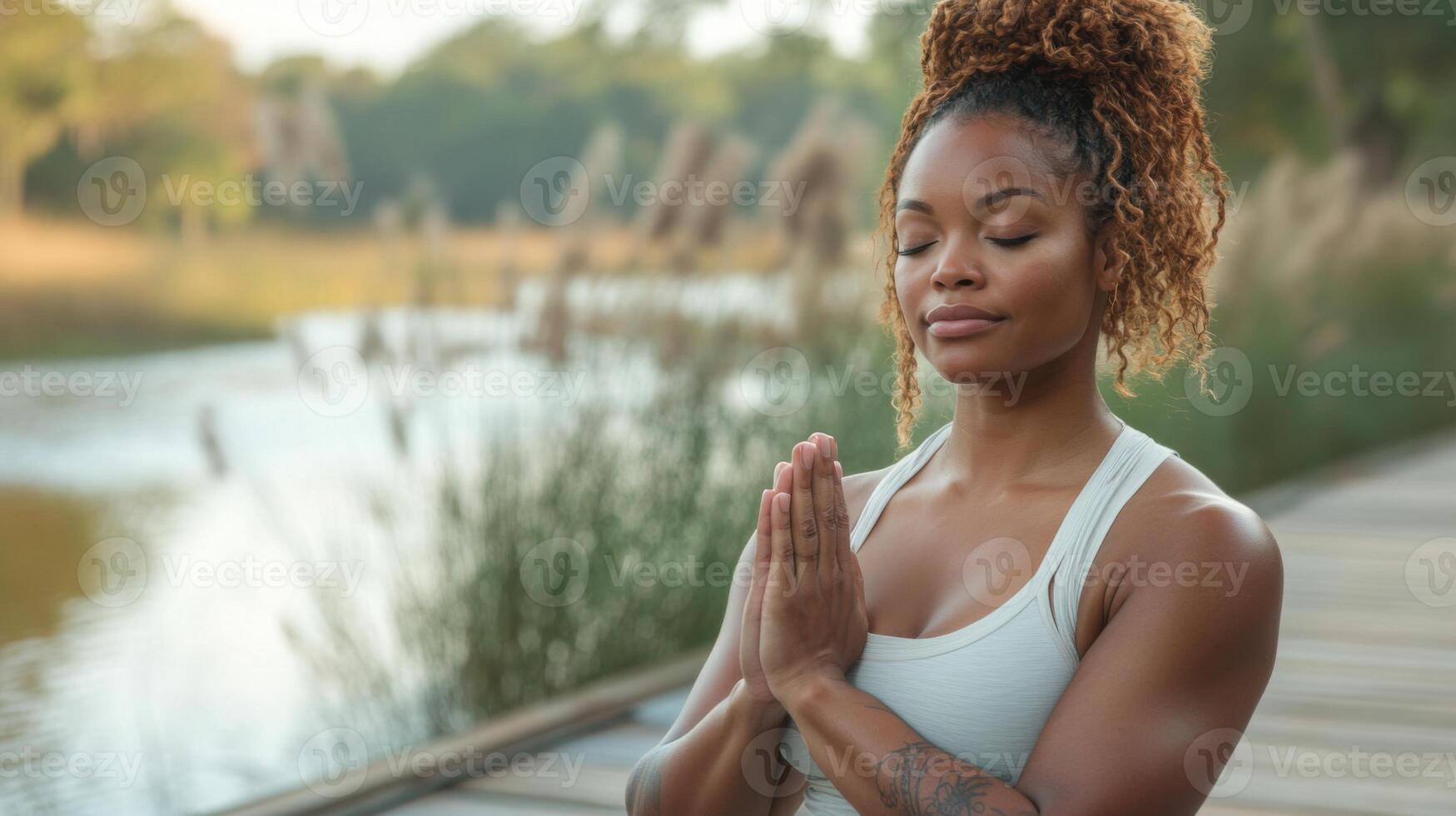 By the calm lake, a woman engages in mindfulness meditation, hands in a prayer position. The warm lighting of late afternoon enhances her peaceful expression as nature surrounds her. photo