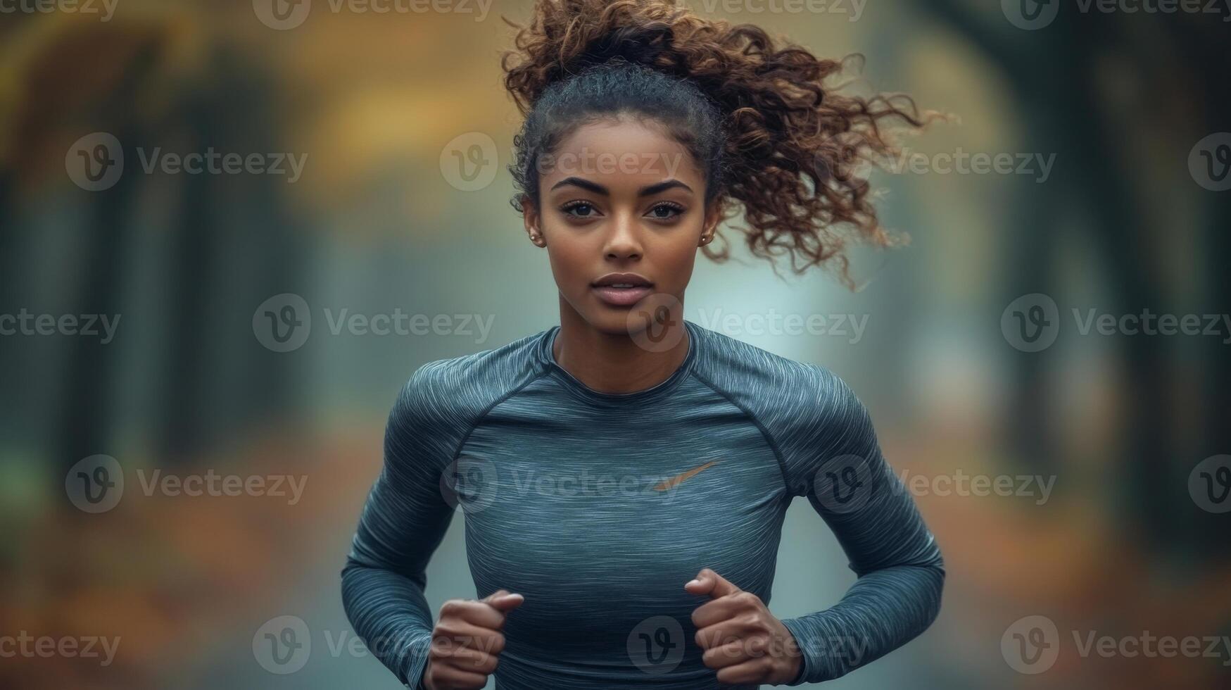 A dedicated runner exercises on a tranquil trail surrounded by vibrant autumn foliage. The atmosphere is peaceful as she maintains her focus and pace during the morning workout. photo