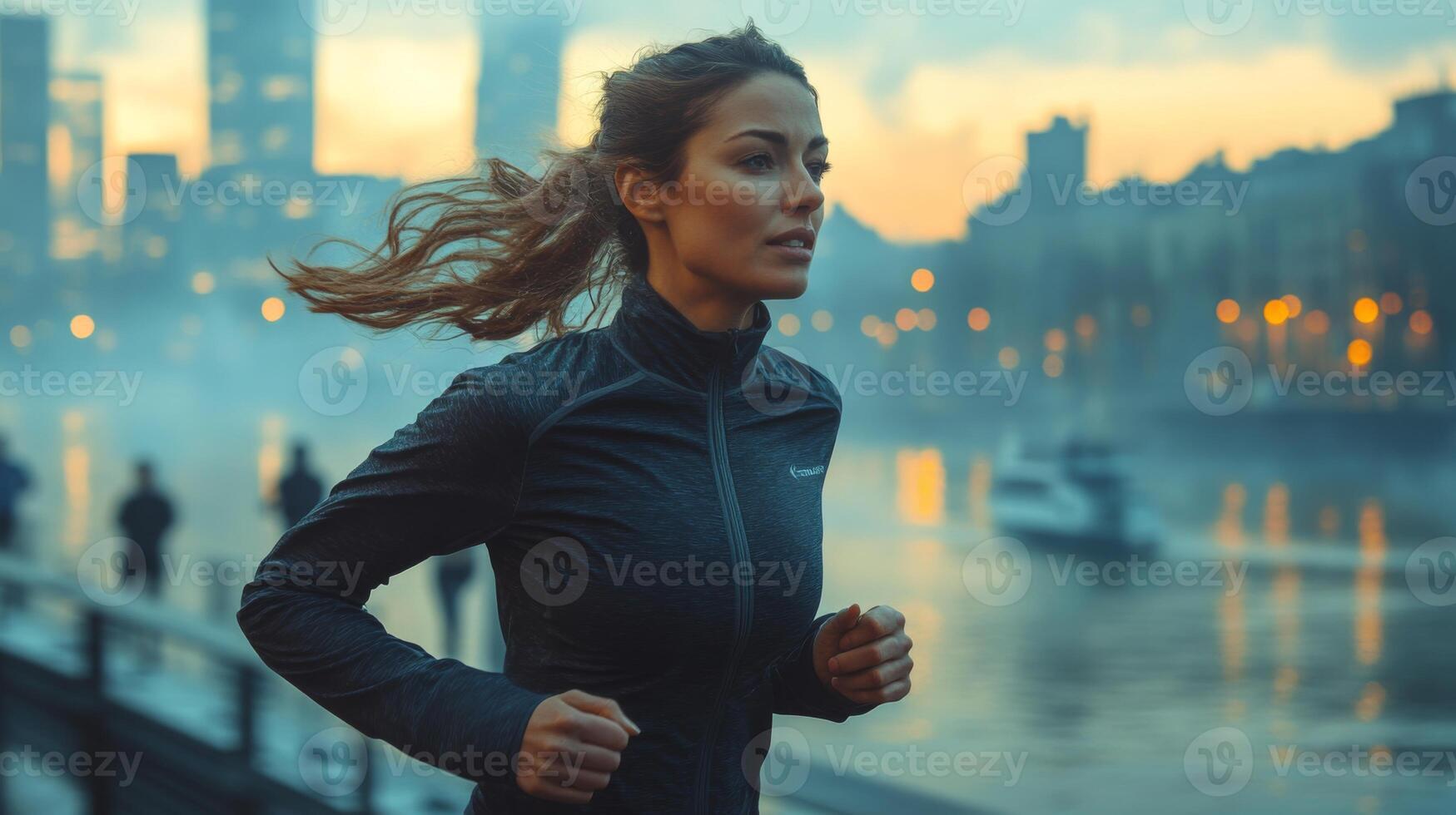 A woman runs at a brisk pace along a waterfront in an urban area during the early morning. The skyline is illuminated by soft golden light, creating a serene atmosphere. photo