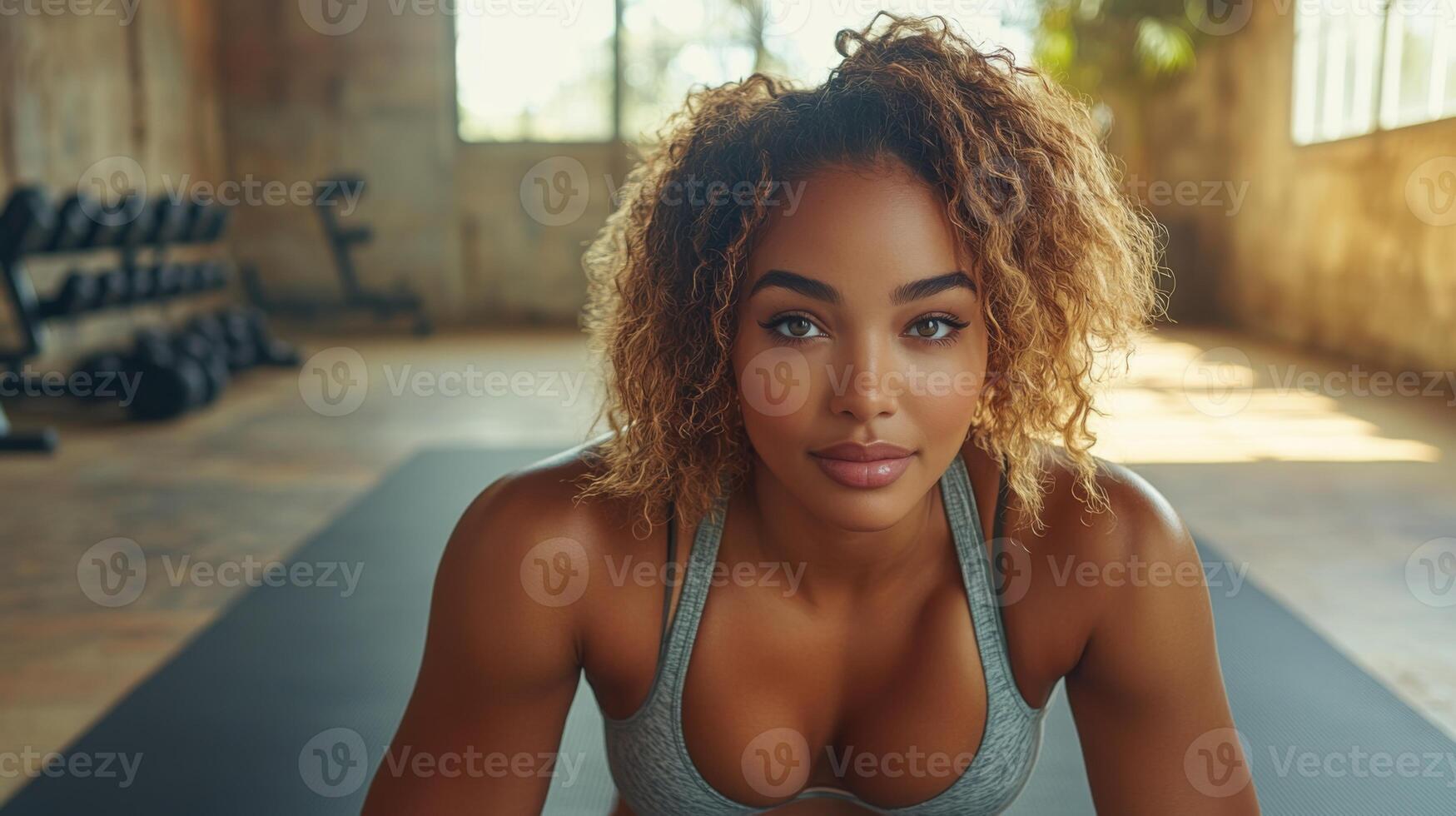 A fit woman engages in push-ups on a gym mat, showcasing strength and focus in a bright workout environment filled with natural light. The background features gym equipment. photo