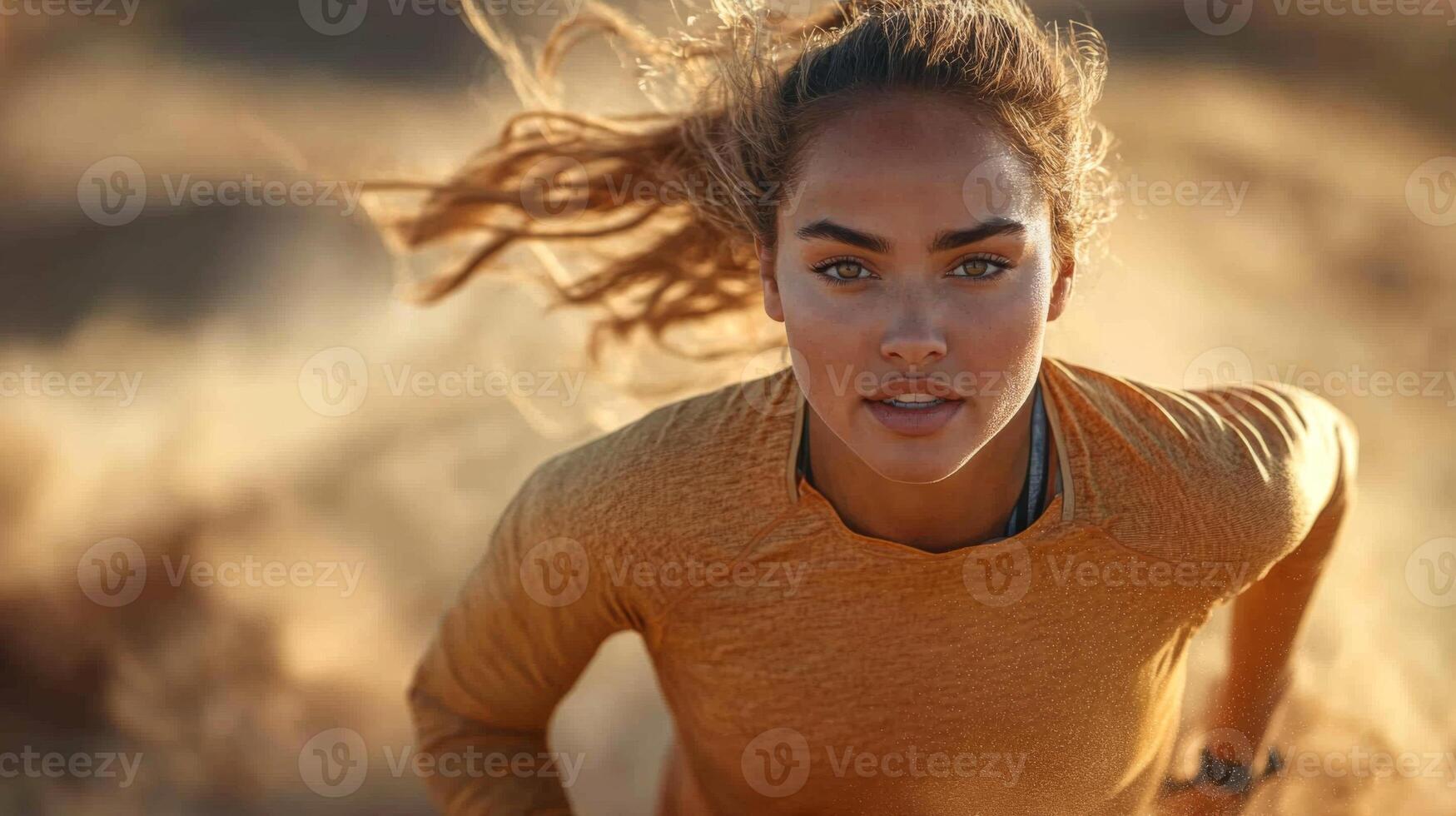 A person runs energetically in a sandy environment, wearing a bright orange top. The sun sets in the background, adding warmth to the surroundings and highlighting the runner's focus and spirit. photo