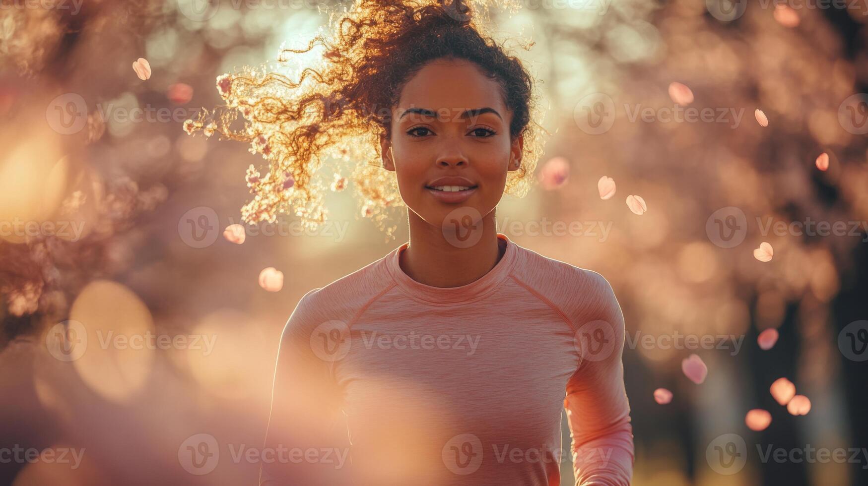 A young woman jogs through a park during sunset, her hair flowing in the breeze, as cherry blossoms fall around her. The vibrant colors create a lively atmosphere of spring. photo