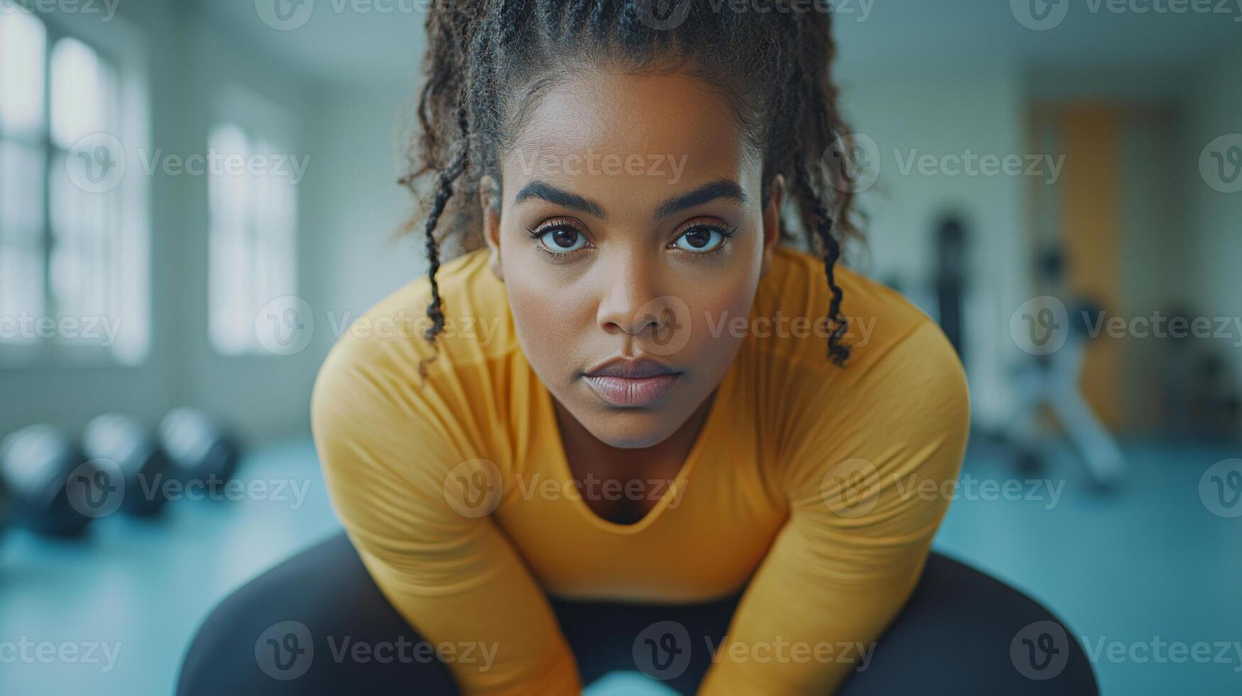 A dedicated woman stretches in a well-lit fitness center. Her expression reflects concentration and readiness as she prepares for a workout. The environment is spacious and inviting. photo