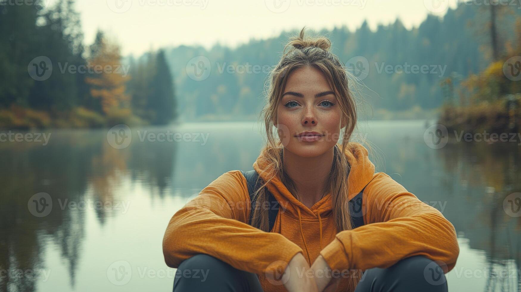 A young woman relaxes by a calm lake, dressed in an orange hoodie. The backdrop features lush trees reflecting in the water, creating a tranquil atmosphere. photo