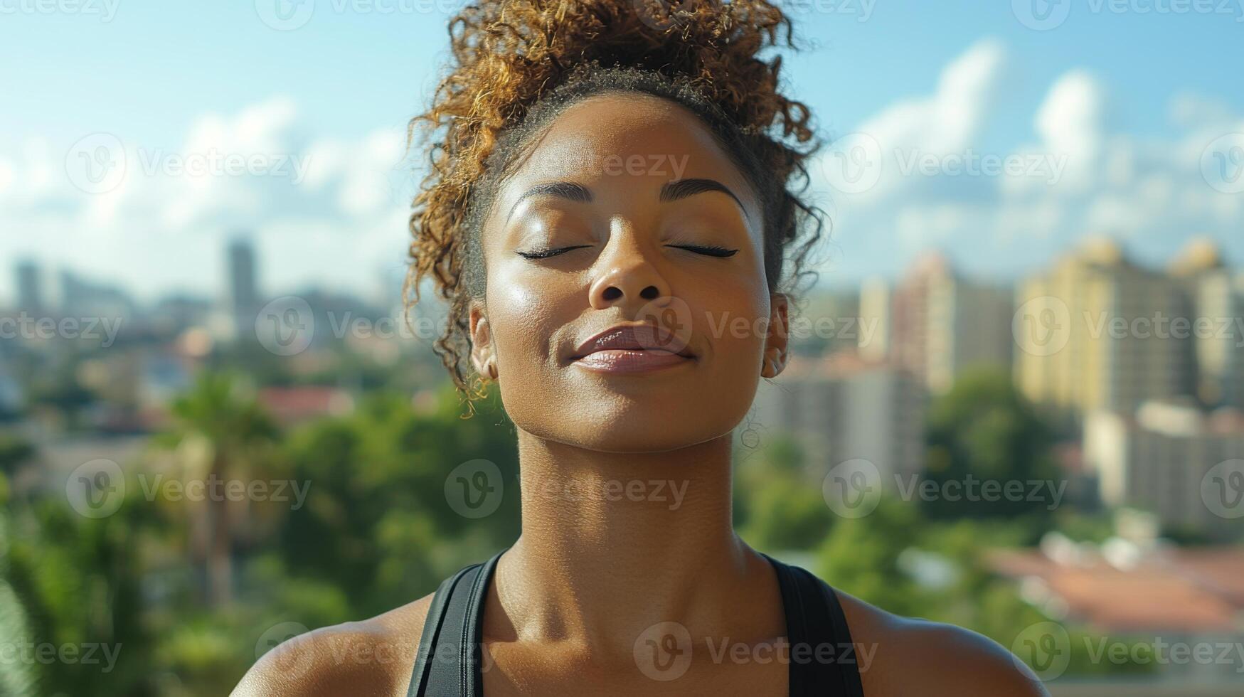 A woman enjoys a moment of mindfulness, standing outdoors with her eyes closed and a peaceful expression. The bright city skyline and clear sky provide a serene backdrop, highlighting her tranquility. photo