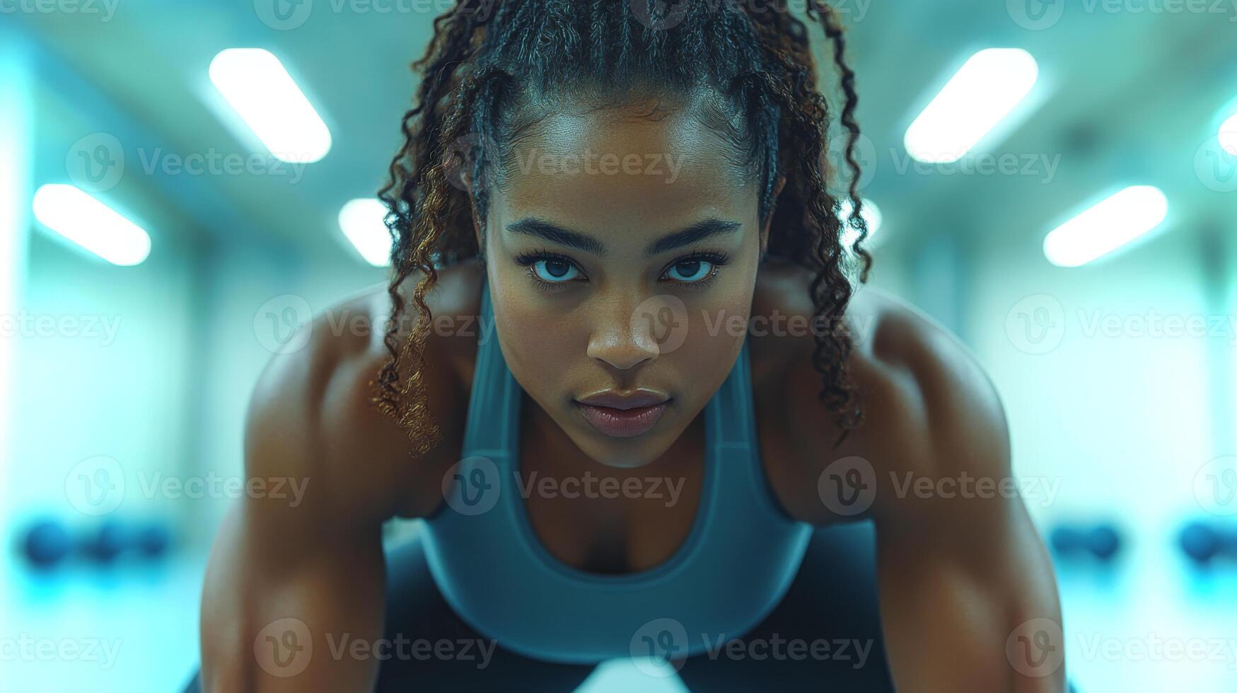 A strong, focused athlete is in a gym, preparing for an intense workout. She demonstrates determination and strength while surrounded by weights and bright lights. photo