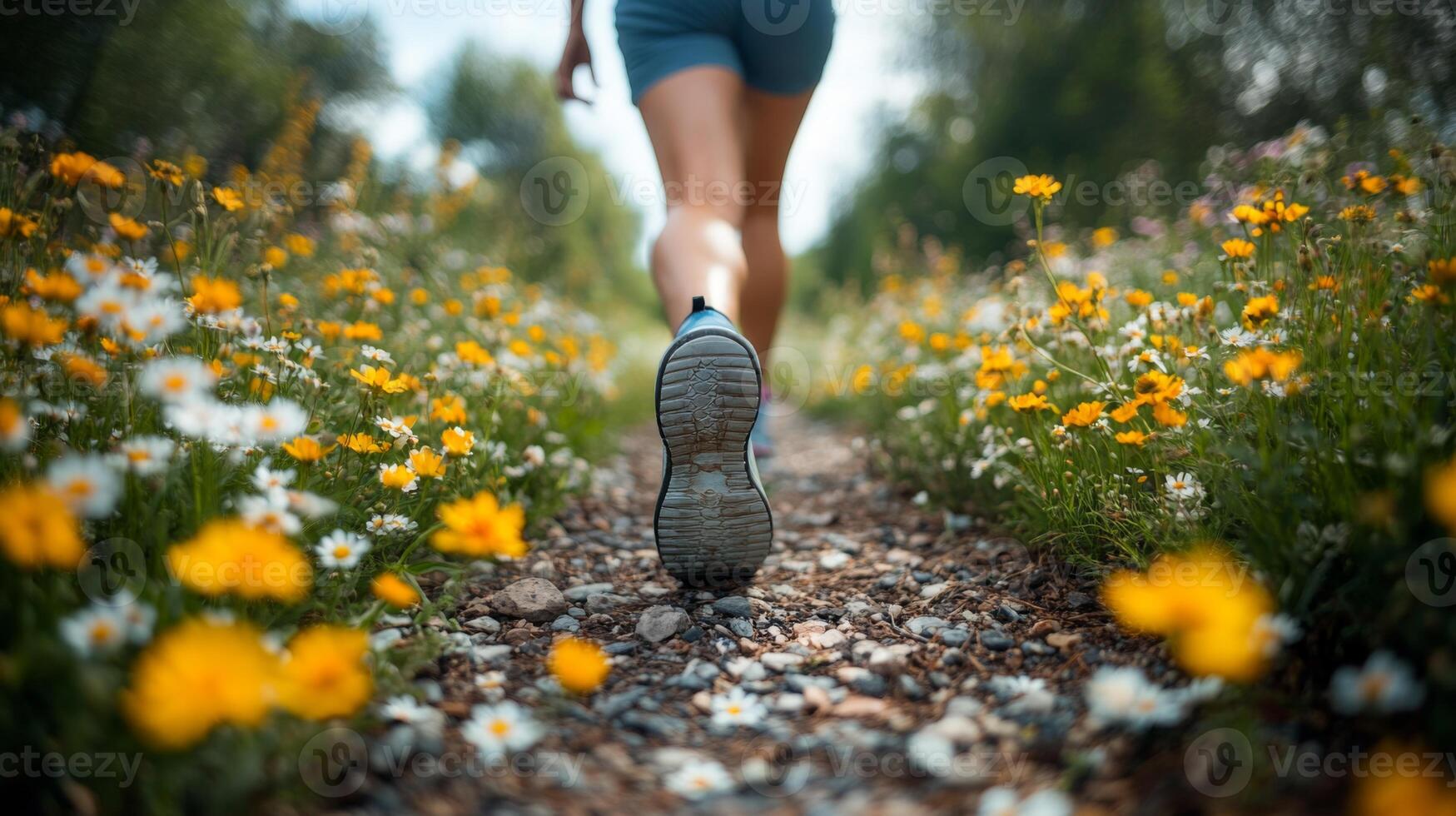 A person walks along a narrow path surrounded by colorful wildflowers under a clear blue sky. The scene captures the essence of outdoor exploration and nature's beauty. photo