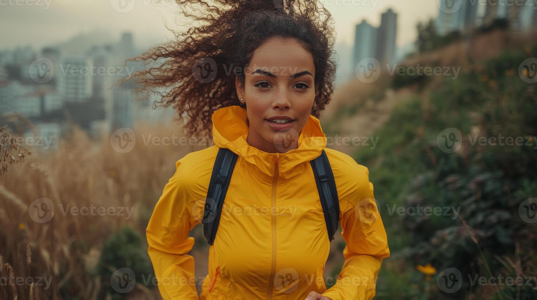 A young woman in a yellow jacket runs on a grassy path with tall grass and city buildings in the background, promoting a healthy outdoor lifestyle. photo