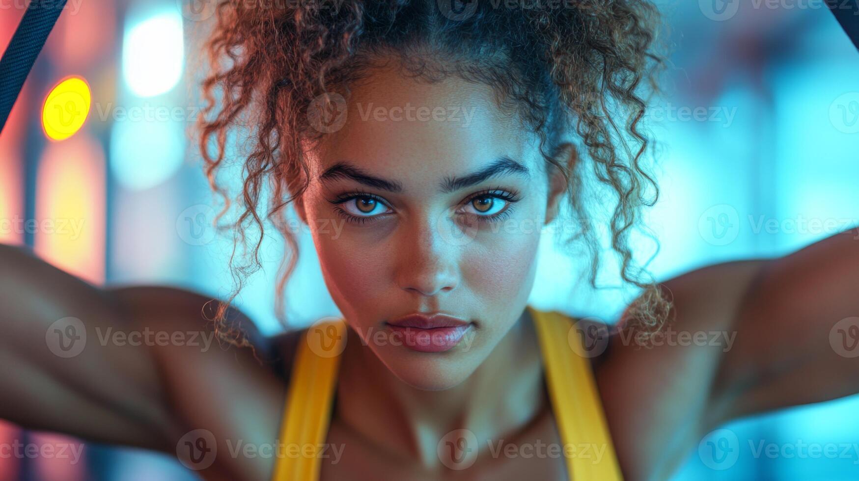 A determined individual engages in strength training at a modern gym, showcasing intensity and dedication amidst colorful lighting. The atmosphere inspires motivation and energy. photo