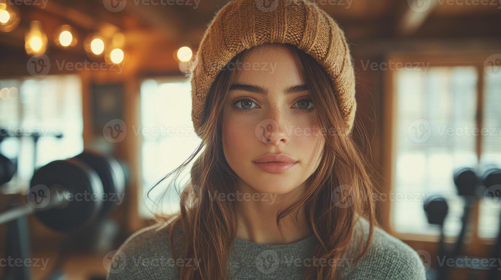 A young woman with long brown hair wears a knitted beanie, looking directly at the camera. She stands in a warm gym filled with weights and soft lighting, exuding confidence. photo