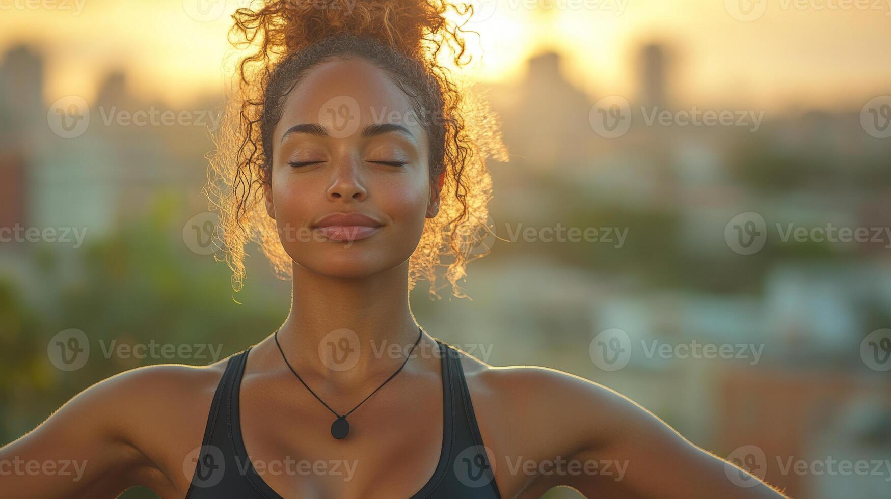 A woman enjoys a moment of mindfulness as the sun sets in the background. She is outdoors, surrounded by an urban landscape, and appears serene and focused. photo