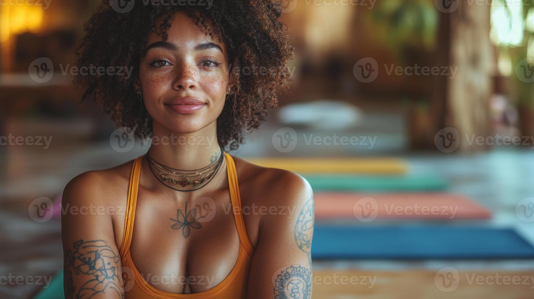 Curious and content, a woman with curly hair sits cross-legged in a serene yoga studio, embodying mindfulness. Colorful mats create a vibrant backdrop for relaxation. photo