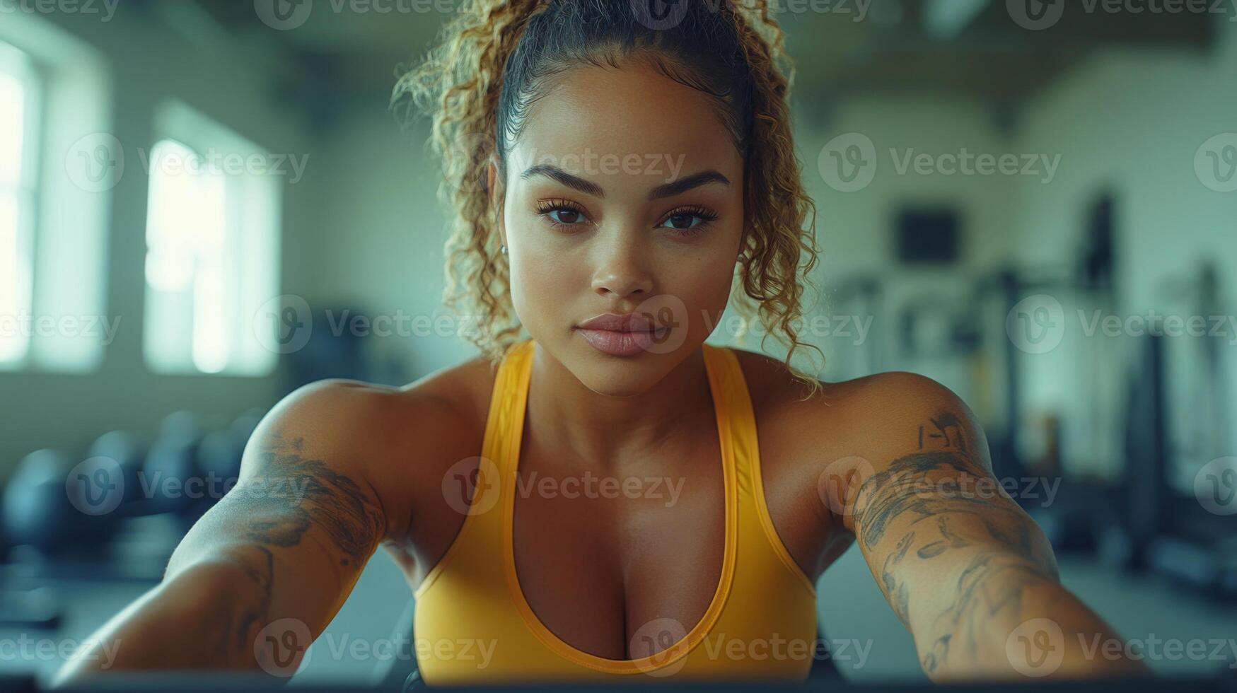 A determined person engaged in a serious workout at a gym. They demonstrate focus and strength while using fitness equipment. The environment reflects a vibrant and motivating atmosphere. photo