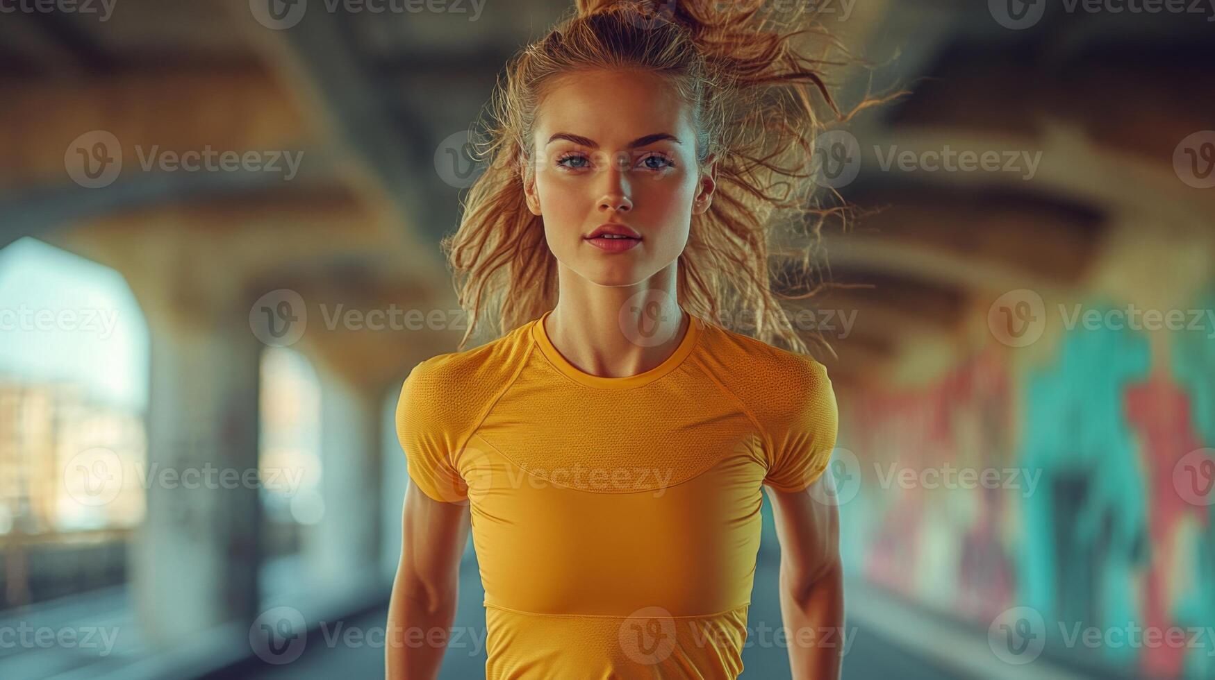 A runner in a bright yellow shirt sprints determinedly under a graffiti-covered bridge in an urban setting. Sunlight filters through, creating dynamic shadows. photo