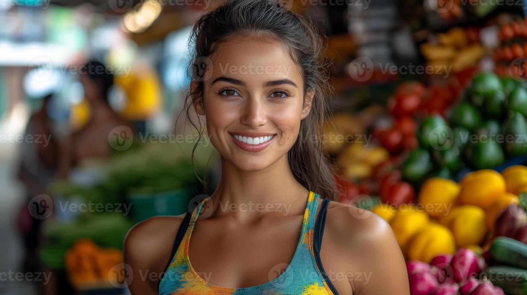 A young woman stands happily among vibrant produce at a lively market. Colorful fruits and vegetables surround her as she enjoys the cheerful atmosphere. photo