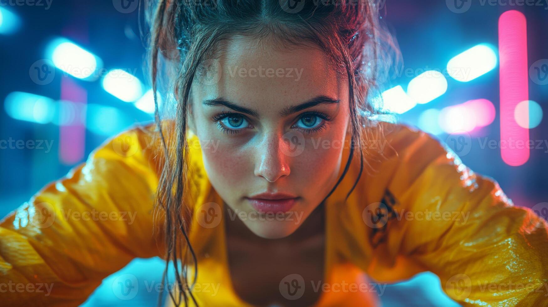 A young athlete in a bright yellow outfit showcases determination as she works out in a neon-lit urban area. The vibrant colors create an energetic atmosphere, highlighting her focus. photo