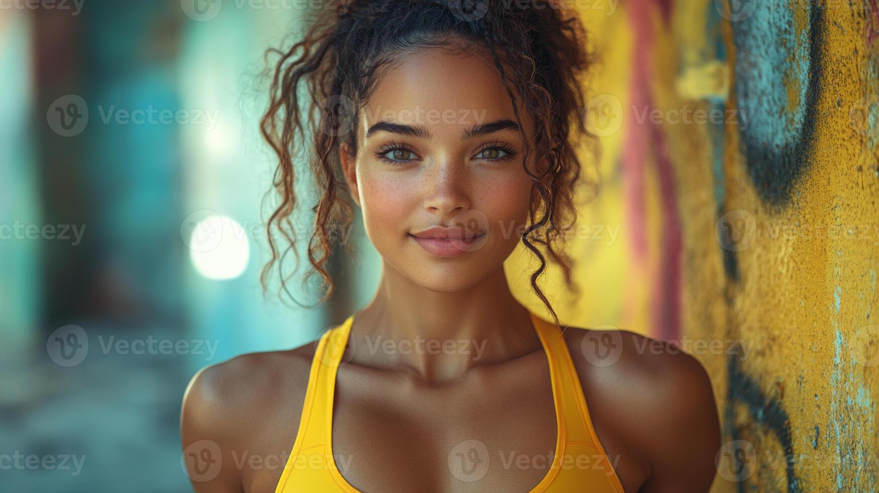 A young woman with curly hair stands in front of a graffiti-covered wall. She wears a bright yellow outfit, radiating confidence and joy in a lively atmosphere filled with artistic expression. photo