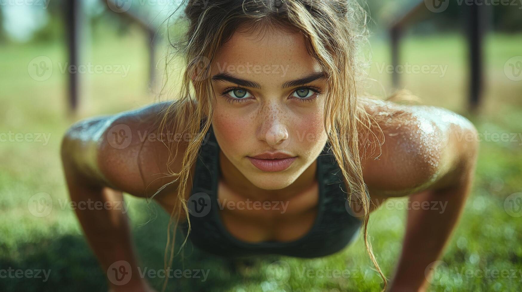 A dedicated young athlete executes push-ups on a grassy field, showcasing focus and strength while sunlight highlights her toned physique. photo
