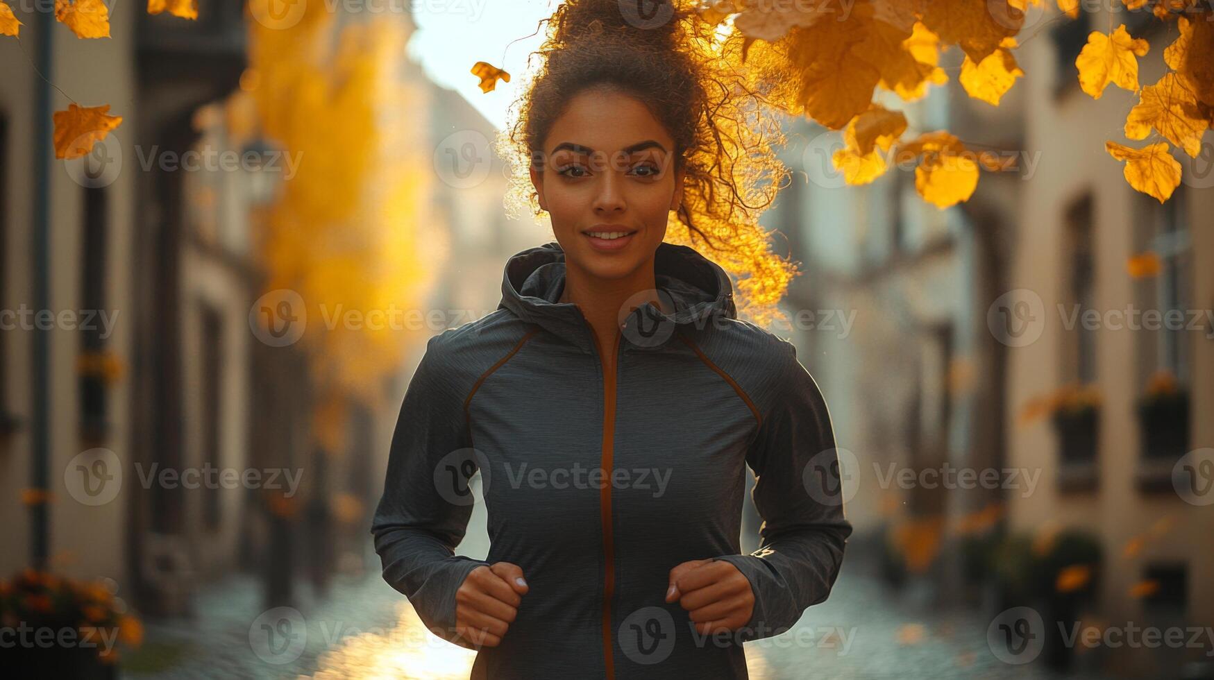 A woman jogs happily along a peaceful street adorned with colorful autumn leaves. The warm sunlight creates a serene atmosphere, highlighting her joyful expression and active lifestyle. photo