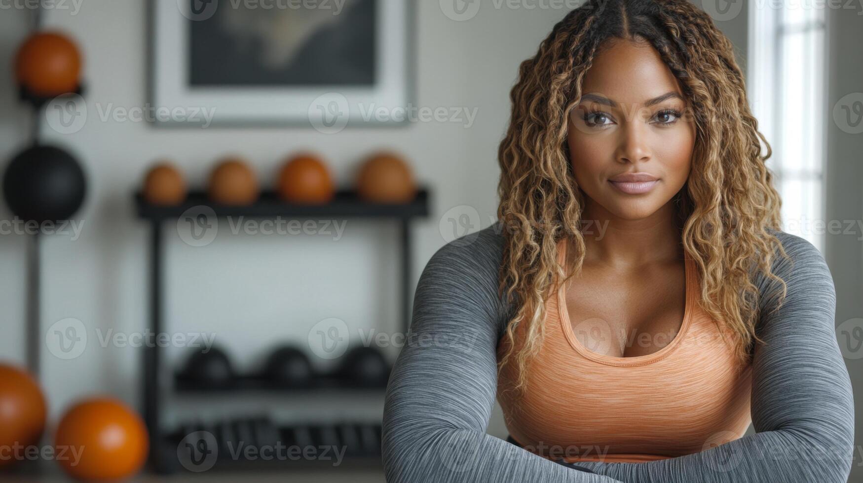 A determined athlete sits in a gym, showing focus and strength. The setting features fitness equipment and weights, highlighting commitment to health and an active lifestyle. photo