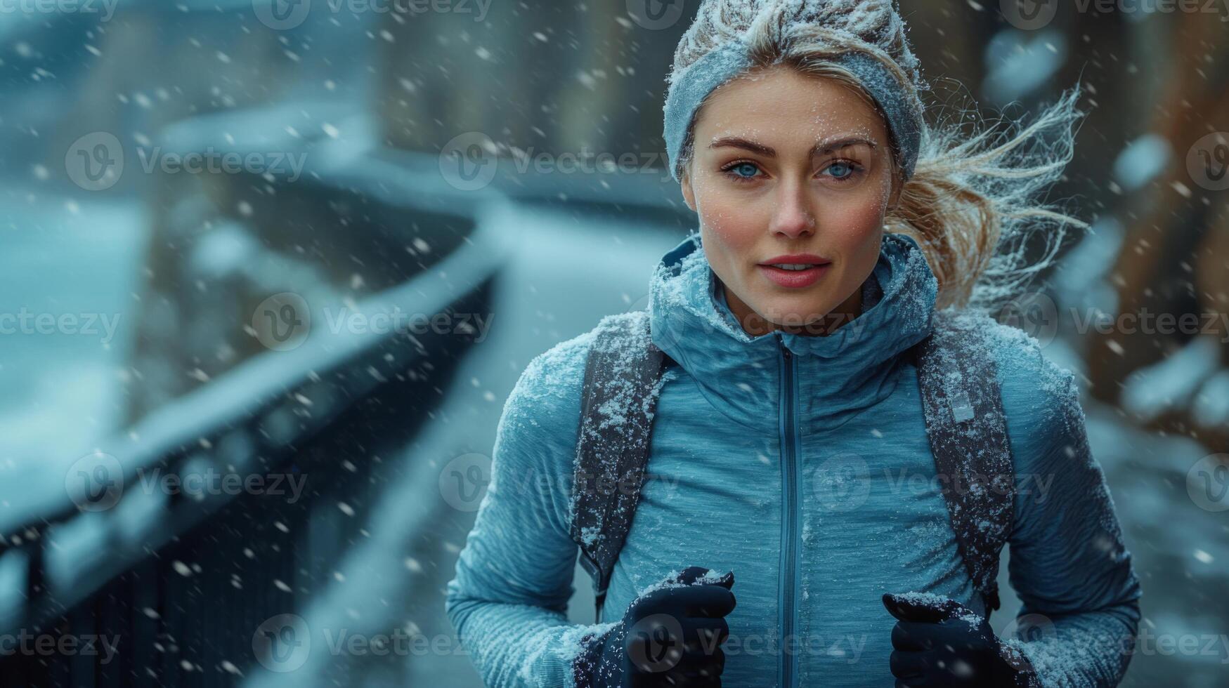 A woman exercises in a snowy environment, wearing a light blue jacket and showing frost in her hair. Snowflakes dance around as she runs on a scenic trail with cliffs in the background. photo
