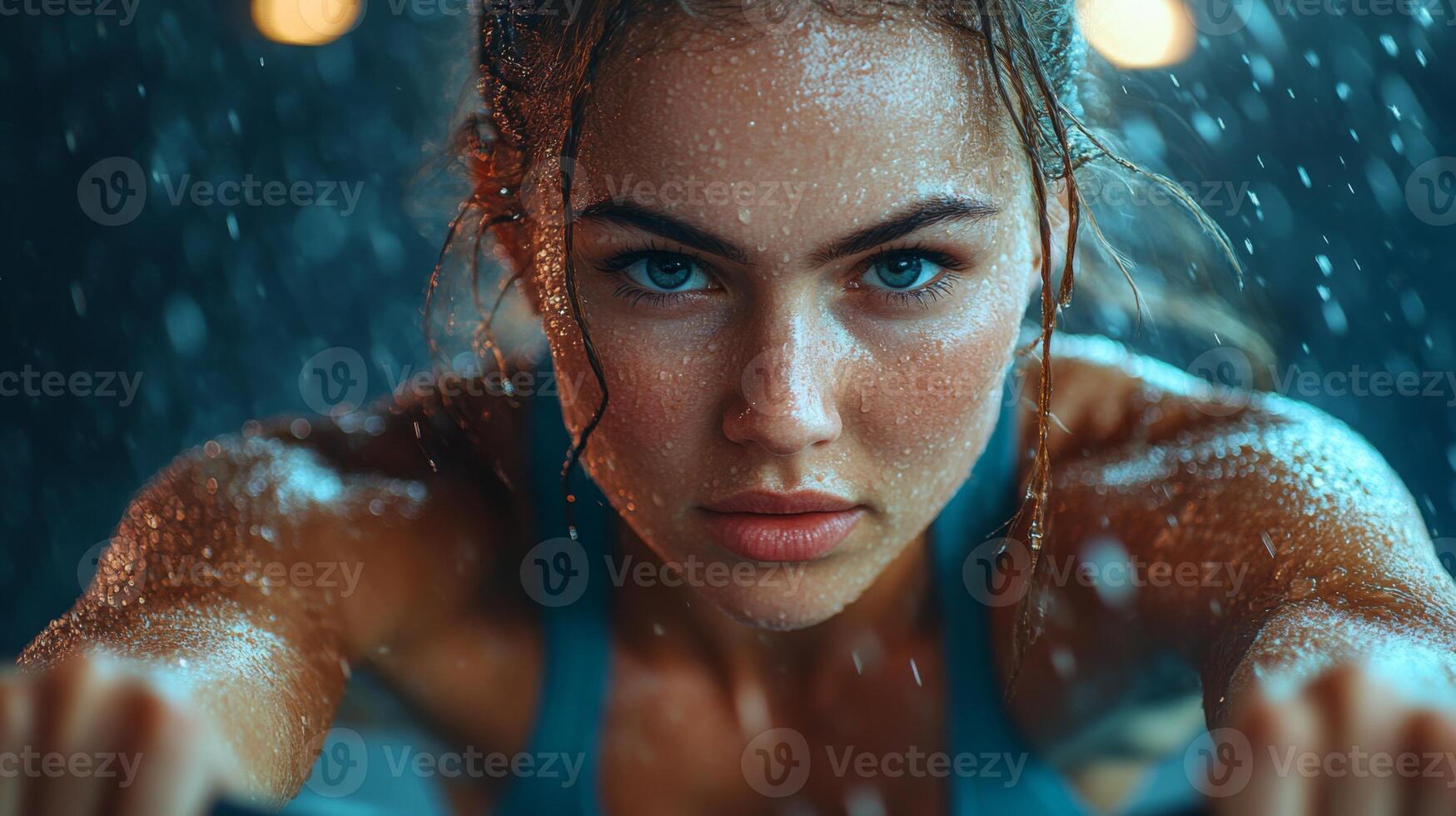 A determined athlete performs an intense workout while water droplets illuminate the scene. The focus and intensity are palpable as she pushes her limits in a dark setting. photo